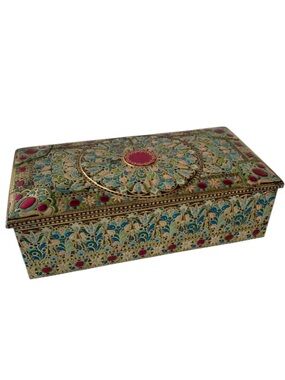 Vintage Ornate Gold Metal Biscuit Tin Jewel Tone Decorative Candy Box